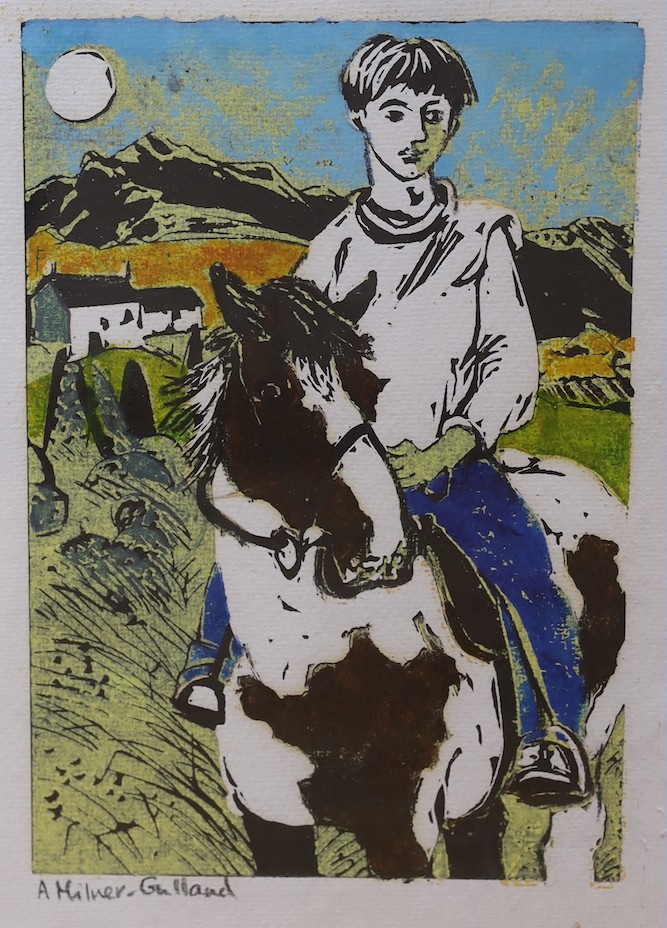 Allison Milner-Gulland, linocut, Horse and rider in a landscape, signed, 23 x 17cm